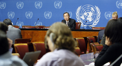 Ban Ki-moon durante coletiva de imprensa. Foto: ONU/Mark Garten